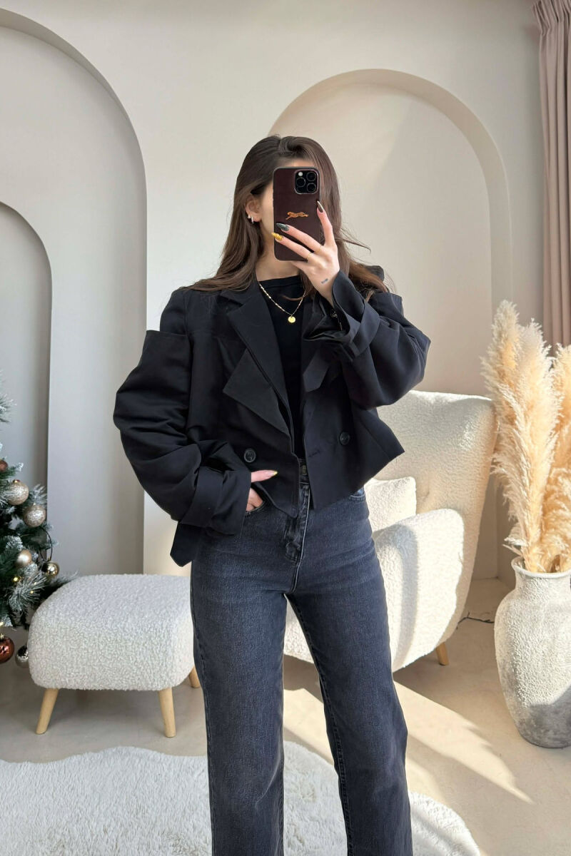 BELT DETAILS CROPPED WOMEN JACKET BLACK/ E ZEZE - 5