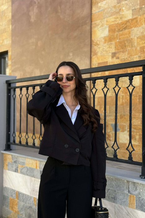 BELT DETAILS CROPPED WOMEN JACKET BLACK/ E ZEZE - 3