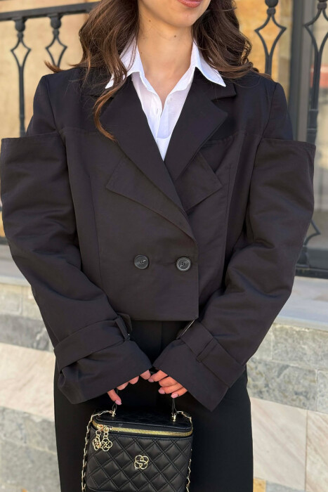 BELT DETAILS CROPPED WOMEN JACKET BLACK/ E ZEZE 