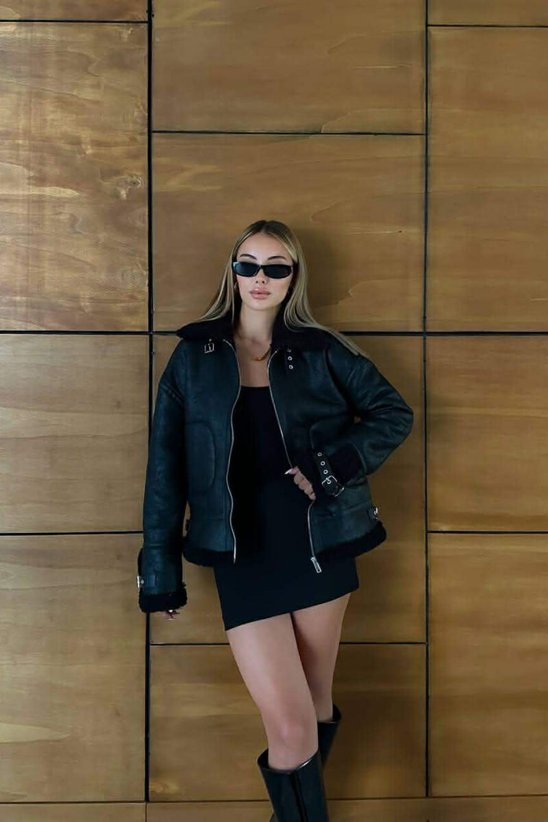 BELT DETAILS FLUFFY WOMEN JACKET BLACK/ E ZEZE - 2