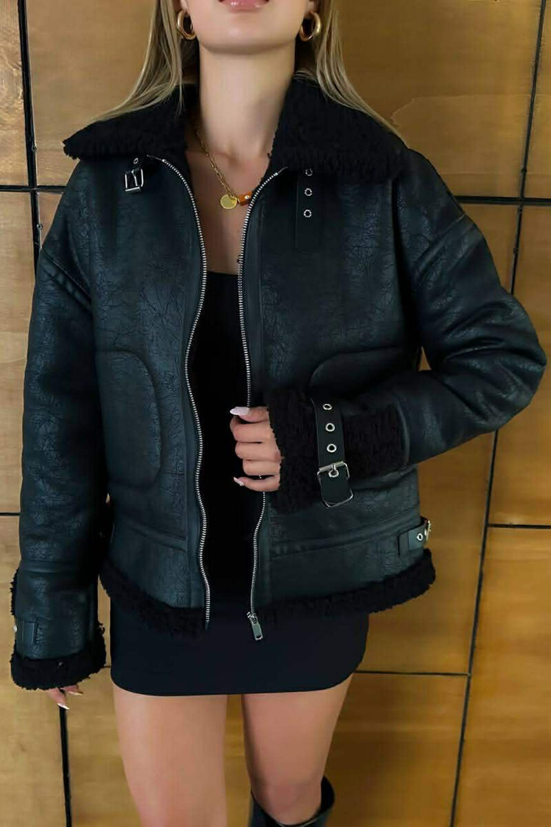 BELT DETAILS FLUFFY WOMEN JACKET BLACK/ E ZEZE - 1