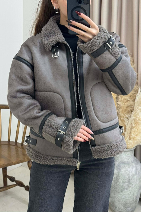 BELT DETAILS FLUFFY WOMEN JACKET DARK GREY/GEE 
