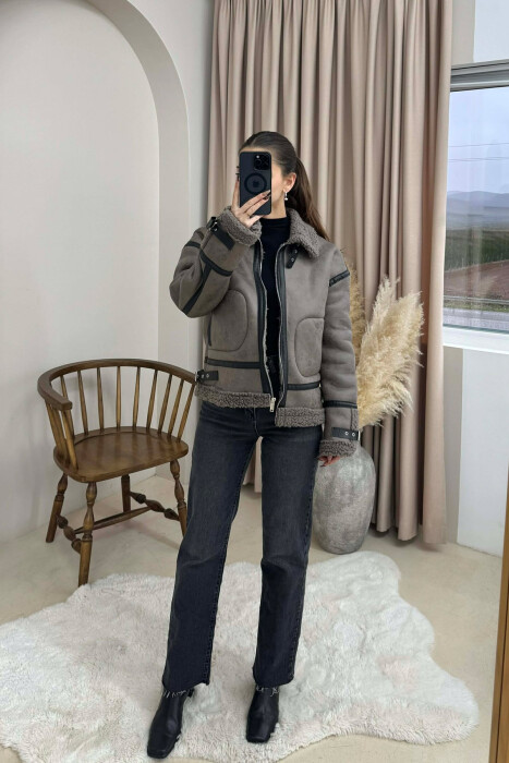 BELT DETAILS FLUFFY WOMEN JACKET DARK GREY/GEE - 2