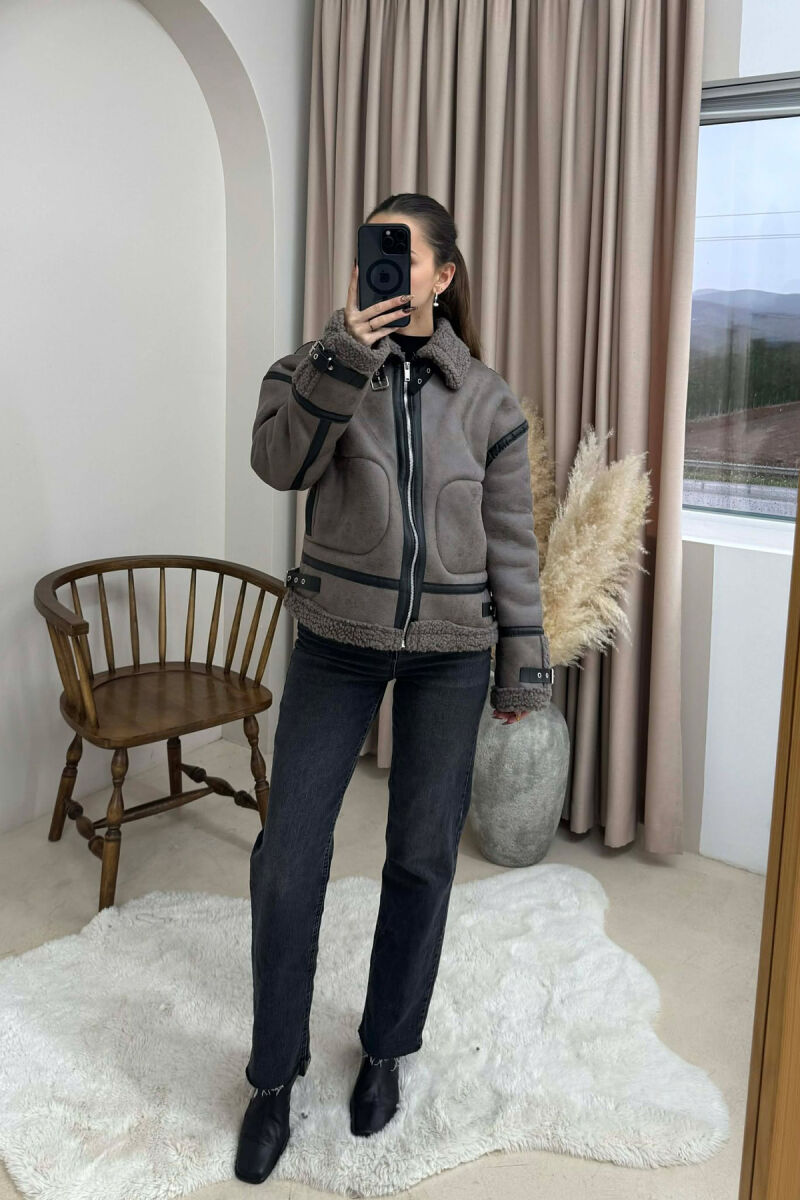 BELT DETAILS FLUFFY WOMEN JACKET DARK GREY/GEE - 4