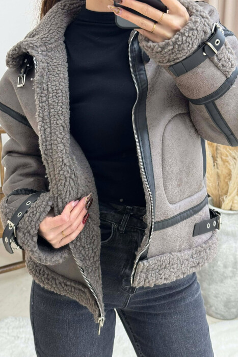 BELT DETAILS FLUFFY WOMEN JACKET DARK GREY/GEE - 3