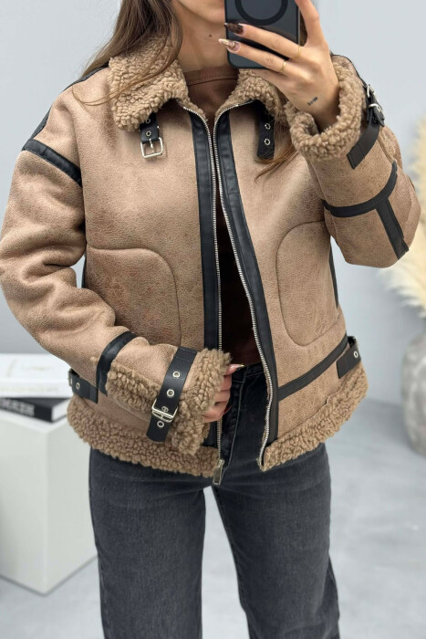 BELT DETAILS FLUFFY WOMEN JACKET LIGHT BROWN/KAZB 