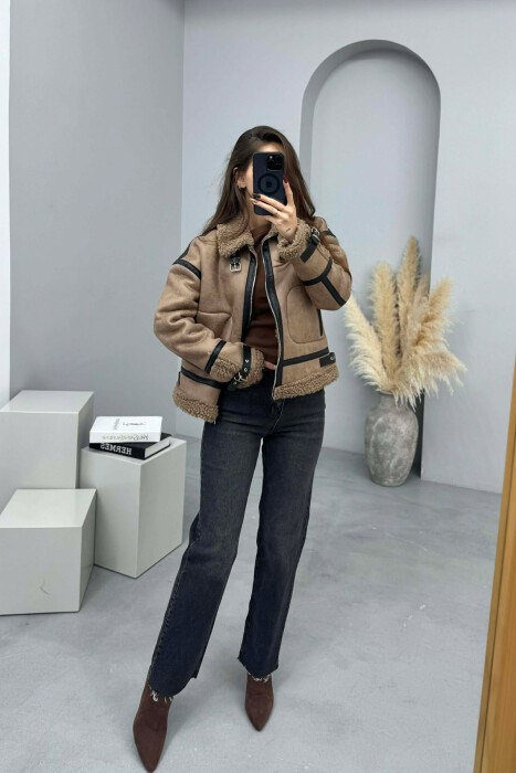 BELT DETAILS FLUFFY WOMEN JACKET LIGHT BROWN/KAZB - 2