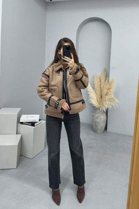BELT DETAILS FLUFFY WOMEN JACKET LIGHT BROWN/KAZB - 4
