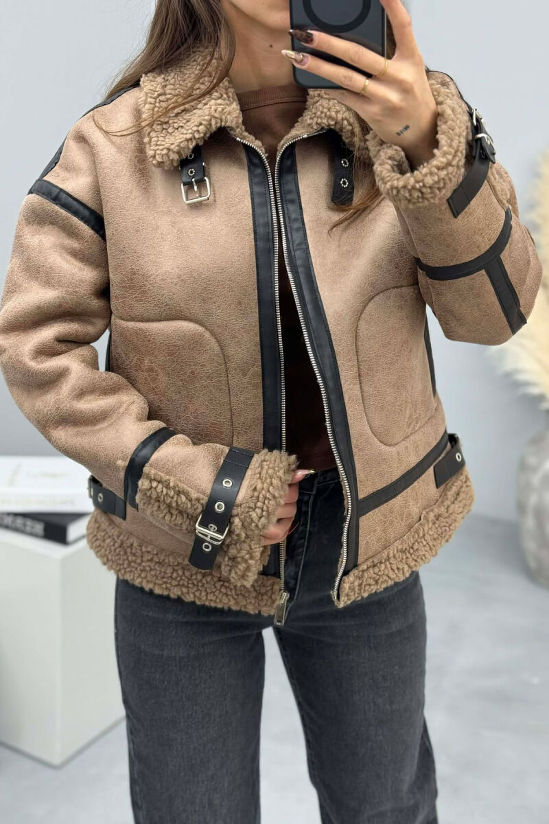 BELT DETAILS FLUFFY WOMEN JACKET LIGHT BROWN/KAZB - 1