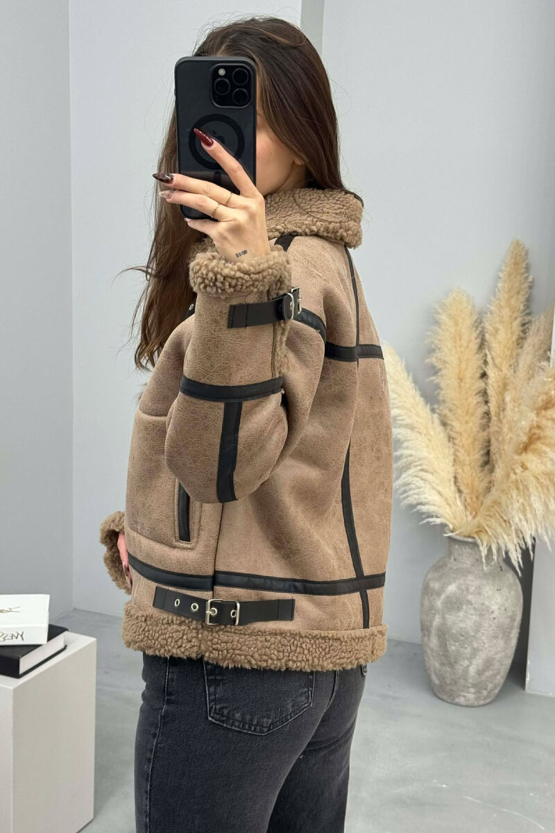 BELT DETAILS FLUFFY WOMEN JACKET LIGHT BROWN/KAZB - 5