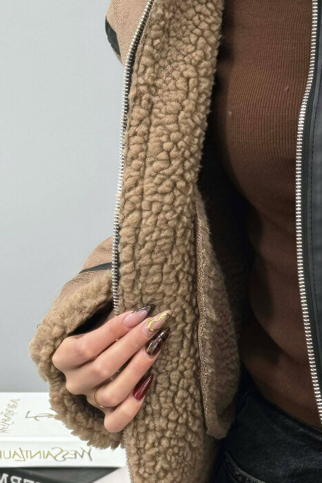 BELT DETAILS FLUFFY WOMEN JACKET LIGHT BROWN/KAZB - 3
