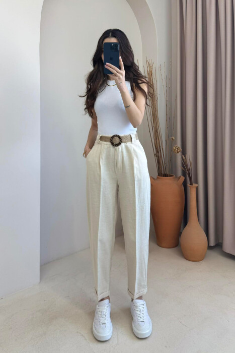 BELT LINEN ONE COLOR WOMEN TROUSERS CREAM/KREM 