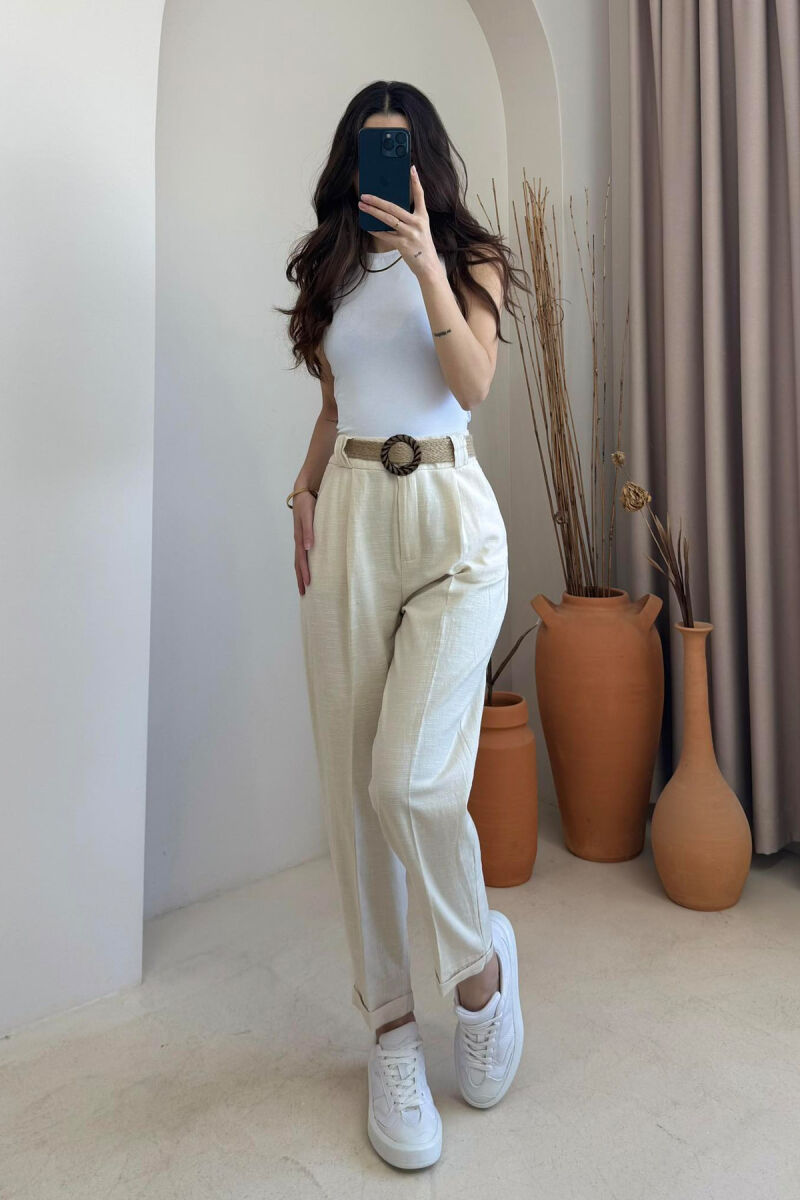 BELT LINEN ONE COLOR WOMEN TROUSERS CREAM/KREM - 2