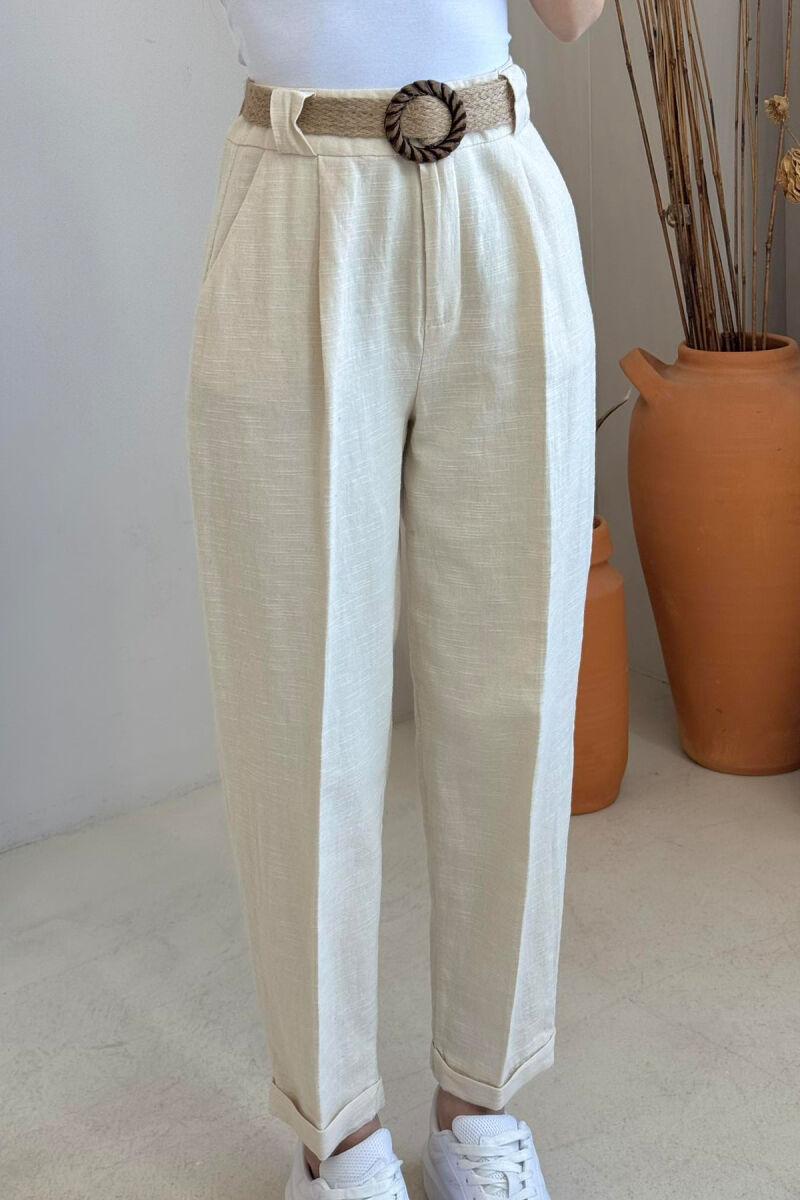 BELT LINEN ONE COLOR WOMEN TROUSERS CREAM/KREM - 3