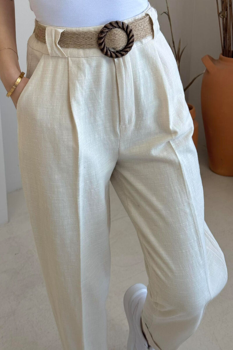 BELT LINEN ONE COLOR WOMEN TROUSERS CREAM/KREM - 4