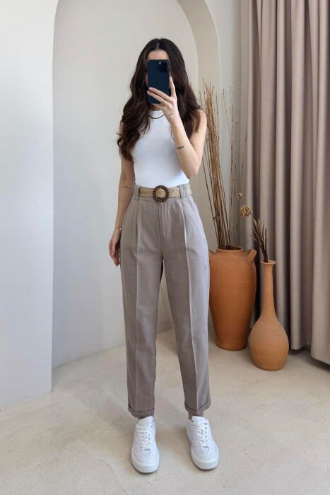 BELT LINEN ONE COLOR WOMEN TROUSERS LIGHT BROWN/KAZB - 1