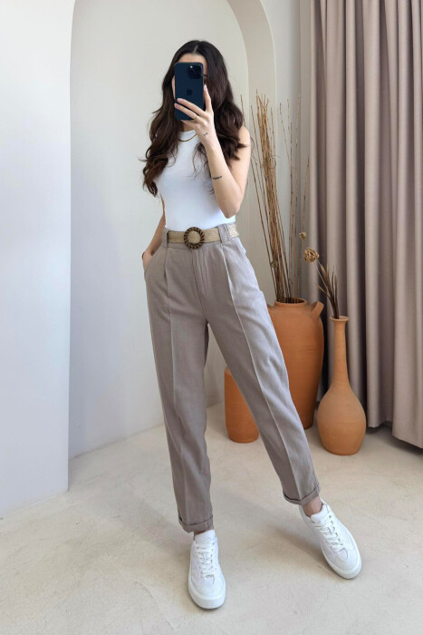 BELT LINEN ONE COLOR WOMEN TROUSERS LIGHT BROWN/KAZB - 2