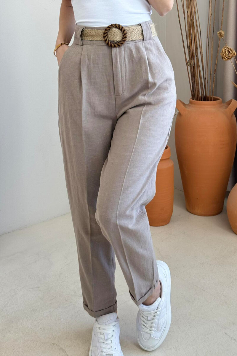 BELT LINEN ONE COLOR WOMEN TROUSERS LIGHT BROWN/KAZB - 3