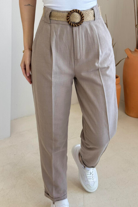 BELT LINEN ONE COLOR WOMEN TROUSERS LIGHT BROWN/KAZB - 4