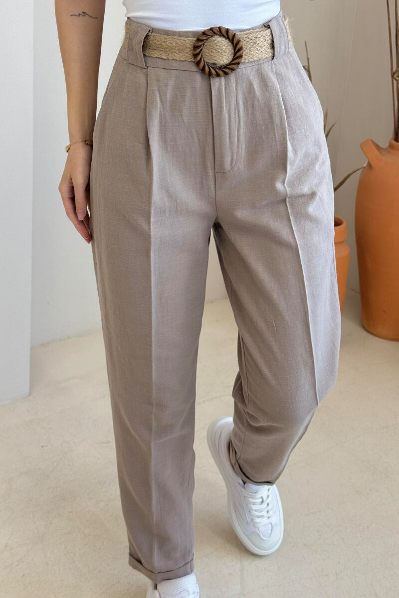 BELT LINEN ONE COLOR WOMEN TROUSERS LIGHT BROWN/KAZB - 4