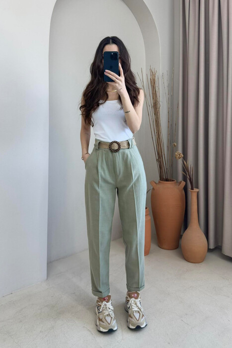 BELT LINEN ONE COLOR WOMEN TROUSERS OLIVE/ULLI 