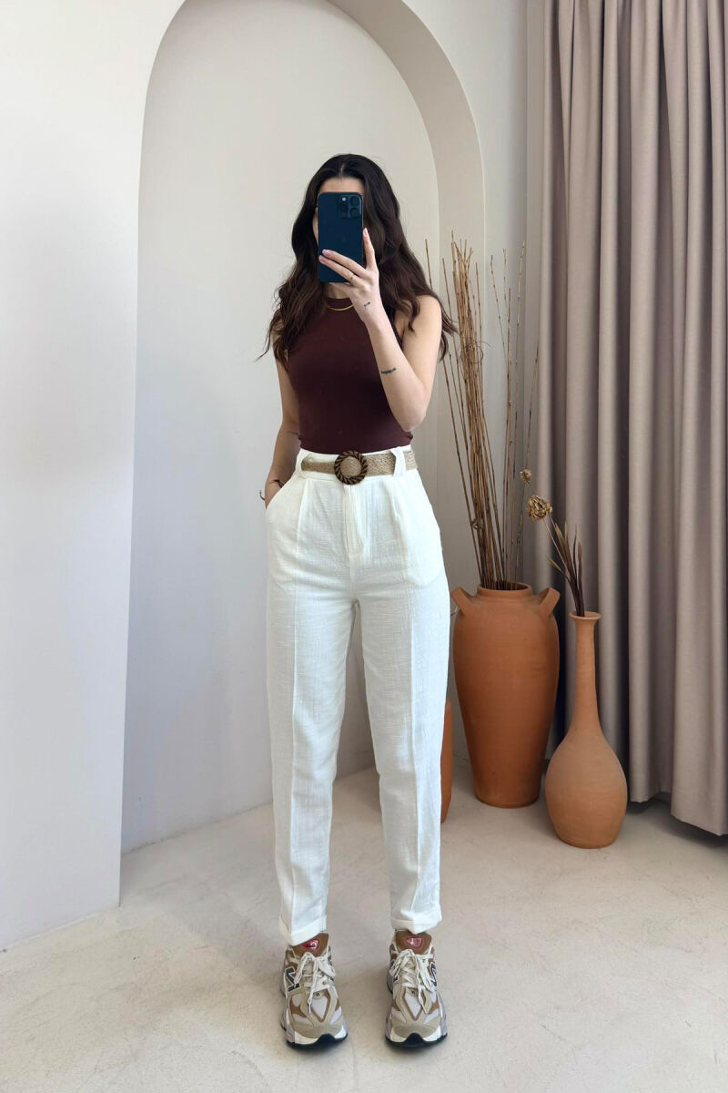 BELT LINEN ONE COLOR WOMEN TROUSERS WHITE-E BARDHE - 1