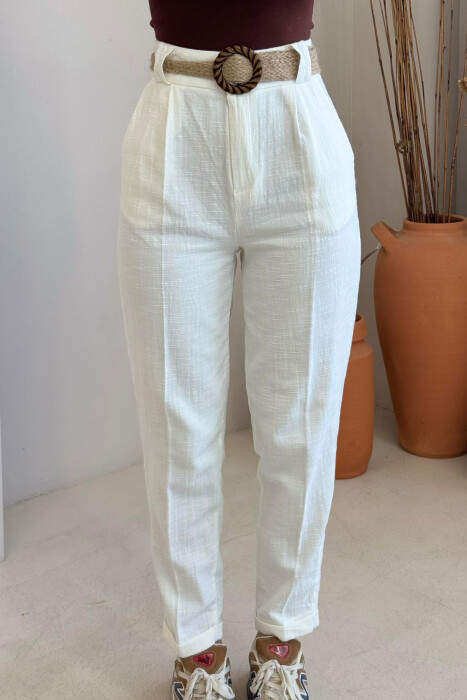 BELT LINEN ONE COLOR WOMEN TROUSERS WHITE-E BARDHE - 3