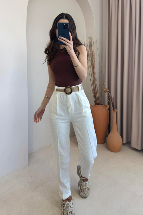 BELT LINEN ONE COLOR WOMEN TROUSERS WHITE-E BARDHE - 4