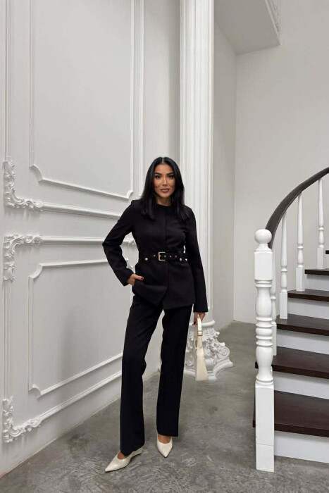 BELT ONE COLOR JACKET+TROUSERS WOMEN SET BLACK/ E ZEZE 