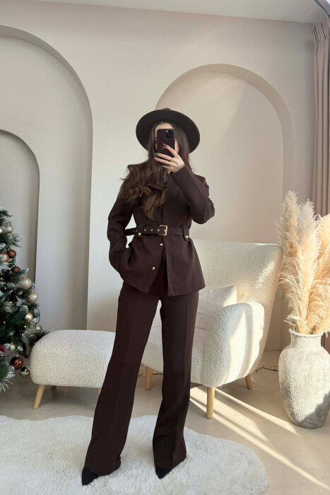 BELT ONE COLOR JACKET+TROUSERS WOMEN SET BROWN/KAFE 