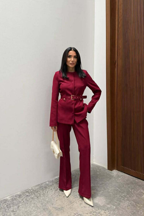 BELT ONE COLOR JACKET+TROUSERS WOMEN SET BURGUNDY/VISHNJE 