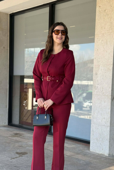 BELT ONE COLOR JACKET+TROUSERS WOMEN SET BURGUNDY/VISHNJE - 8