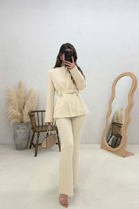 BELT ONE COLOR JACKET+TROUSERS WOMEN SET CREAM/KREM - KLAUDIO FASHION