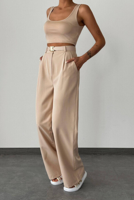 ONE COLOR BELT TROUSERS WOMAN CREAM/KREM - 6