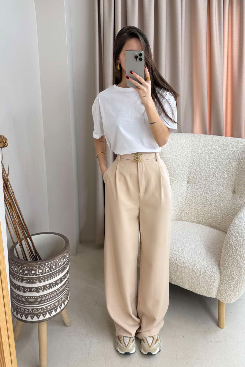 ONE COLOR BELT TROUSERS WOMAN CREAM/KREM - 1