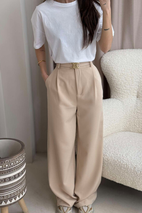 ONE COLOR BELT TROUSERS WOMAN CREAM/KREM - 4