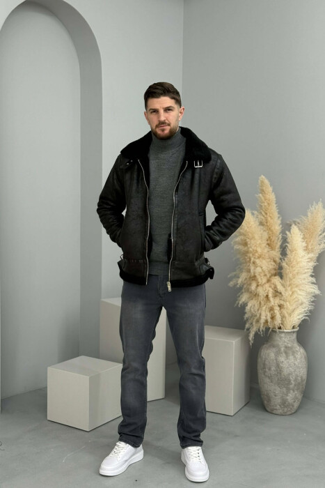 BELTED FLUFFY ZIPPERED MEN PUFFER JACKET BLACK/ E ZEZE - 2