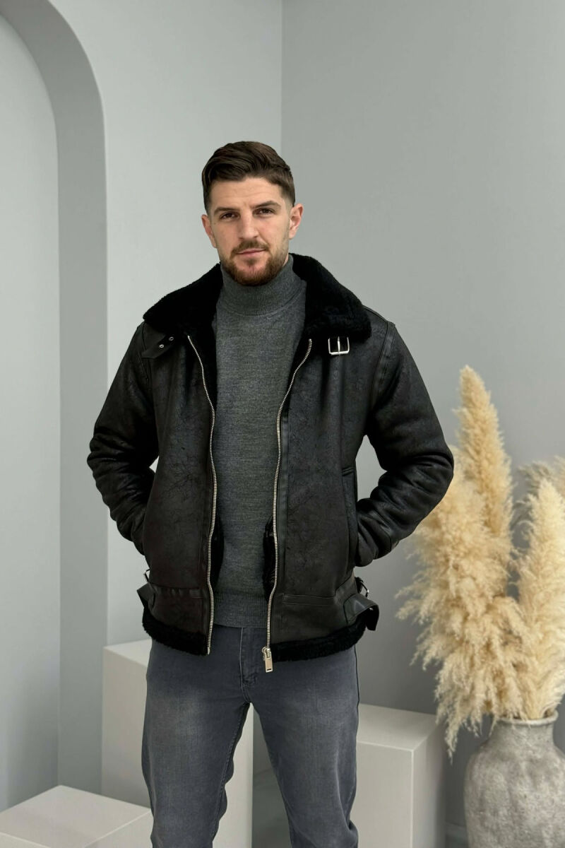 BELTED FLUFFY ZIPPERED MEN PUFFER JACKET BLACK/ E ZEZE - 3