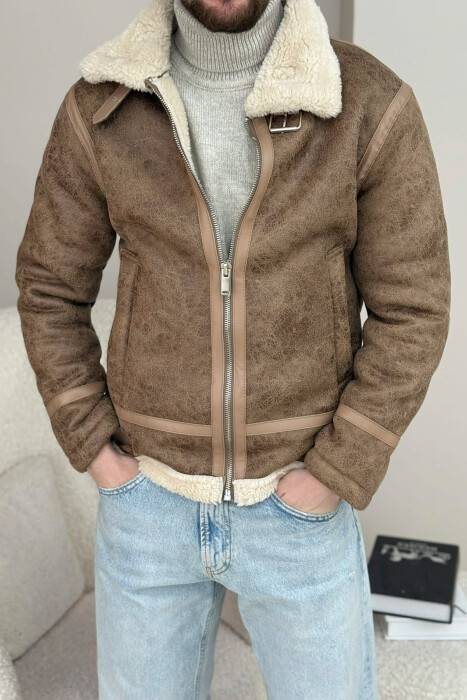 BELTED FLUFFY ZIPPERED MEN PUFFER JACKET BROWN/KAFE 