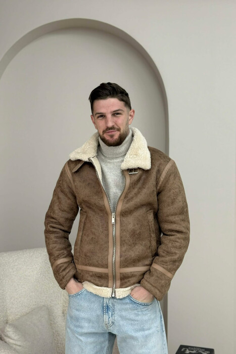 BELTED FLUFFY ZIPPERED MEN PUFFER JACKET BROWN/KAFE - 3