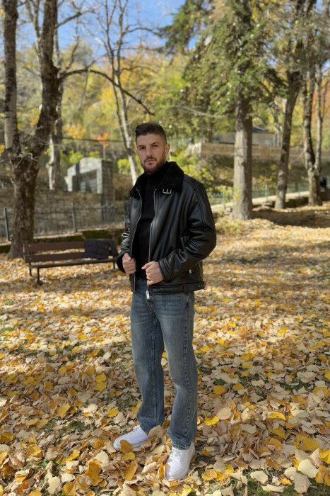 BELTED LEATHER+ PLUSH MEN JACKET WITH ZIPPERS BLACK/ E ZEZE - 2