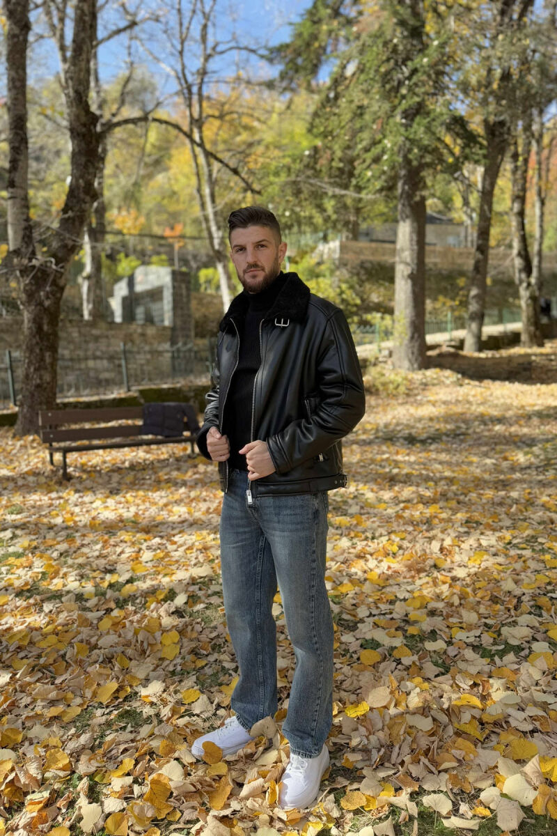 BELTED LEATHER+ PLUSH MEN JACKET WITH ZIPPERS BLACK/ E ZEZE - 2