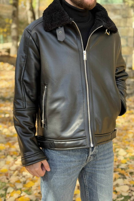 BELTED LEATHER+ PLUSH MEN JACKET WITH ZIPPERS BLACK/ E ZEZE - 1