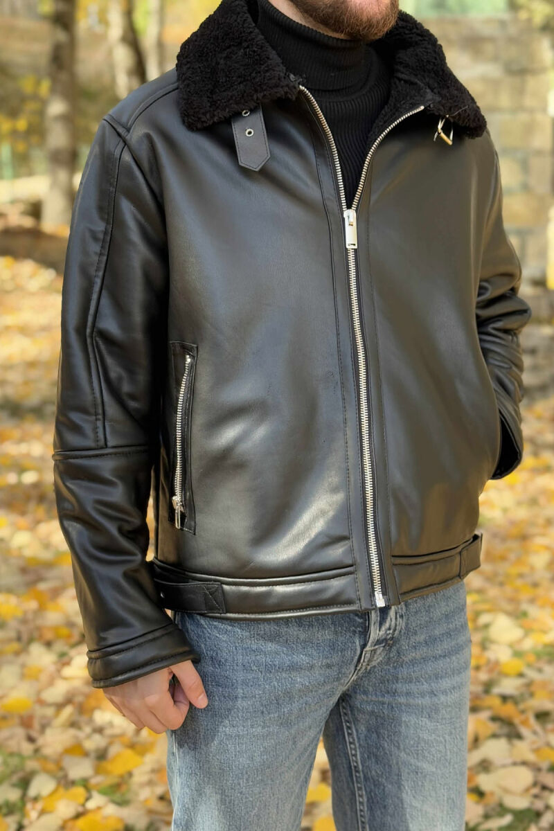 BELTED LEATHER+ PLUSH MEN JACKET WITH ZIPPERS BLACK/ E ZEZE - 1