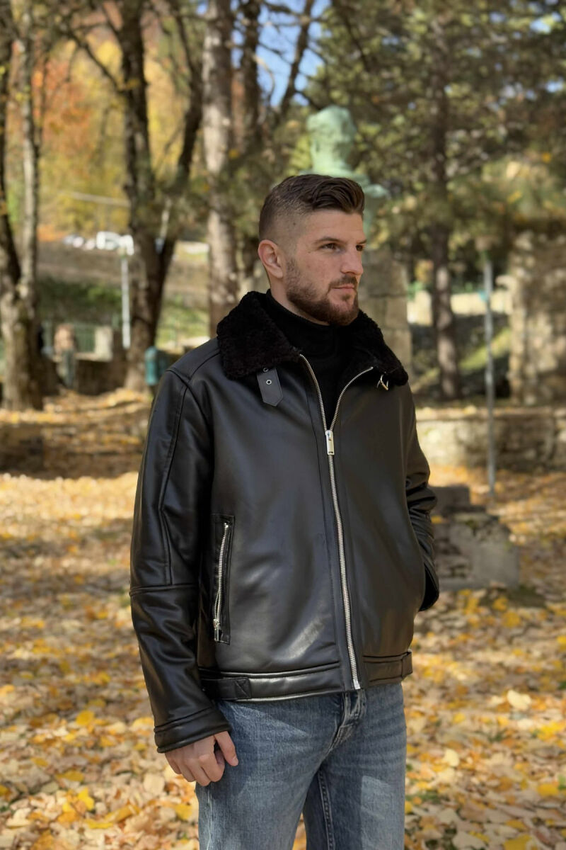 BELTED LEATHER+ PLUSH MEN JACKET WITH ZIPPERS BLACK/ E ZEZE - 3