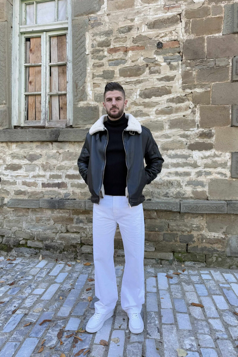 BELTED LEATHER+ PLUSH MEN JACKET WITH ZIPPERS BLACK-WHITE/ZEBA - 2