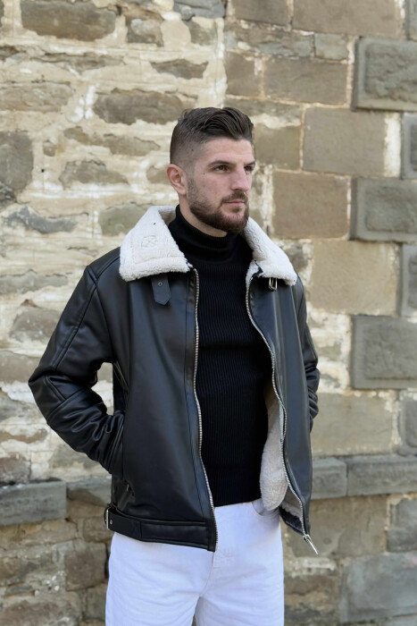 BELTED LEATHER+ PLUSH MEN JACKET WITH ZIPPERS BLACK-WHITE/ZEBA - 3