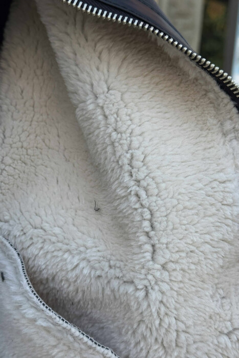 BELTED LEATHER+ PLUSH MEN JACKET WITH ZIPPERS BLACK-WHITE/ZEBA - 4