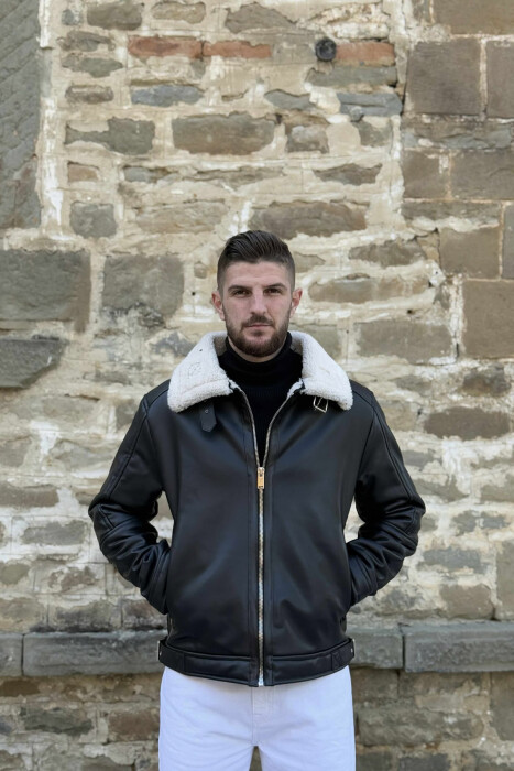 BELTED LEATHER+ PLUSH MEN JACKET WITH ZIPPERS BLACK-WHITE/ZEBA - 5