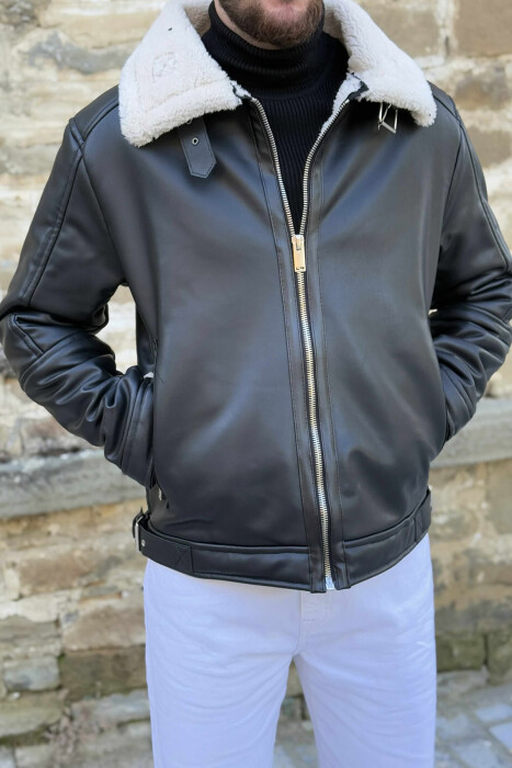BELTED LEATHER+ PLUSH MEN JACKET WITH ZIPPERS BLACK-WHITE/ZEBA - 1